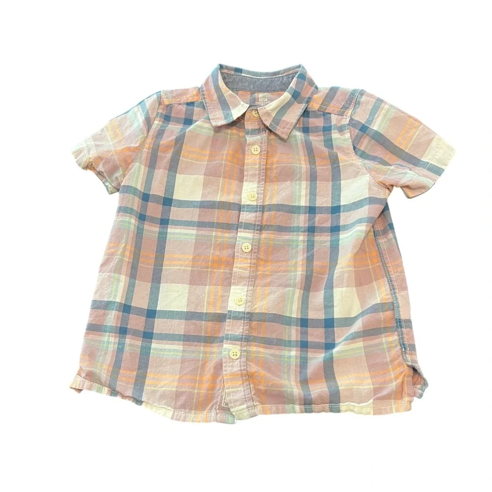 OshKosh Bgosh Toddler Boys Pink Blue Plaid Short Sleeve Button Down Shirt 5T